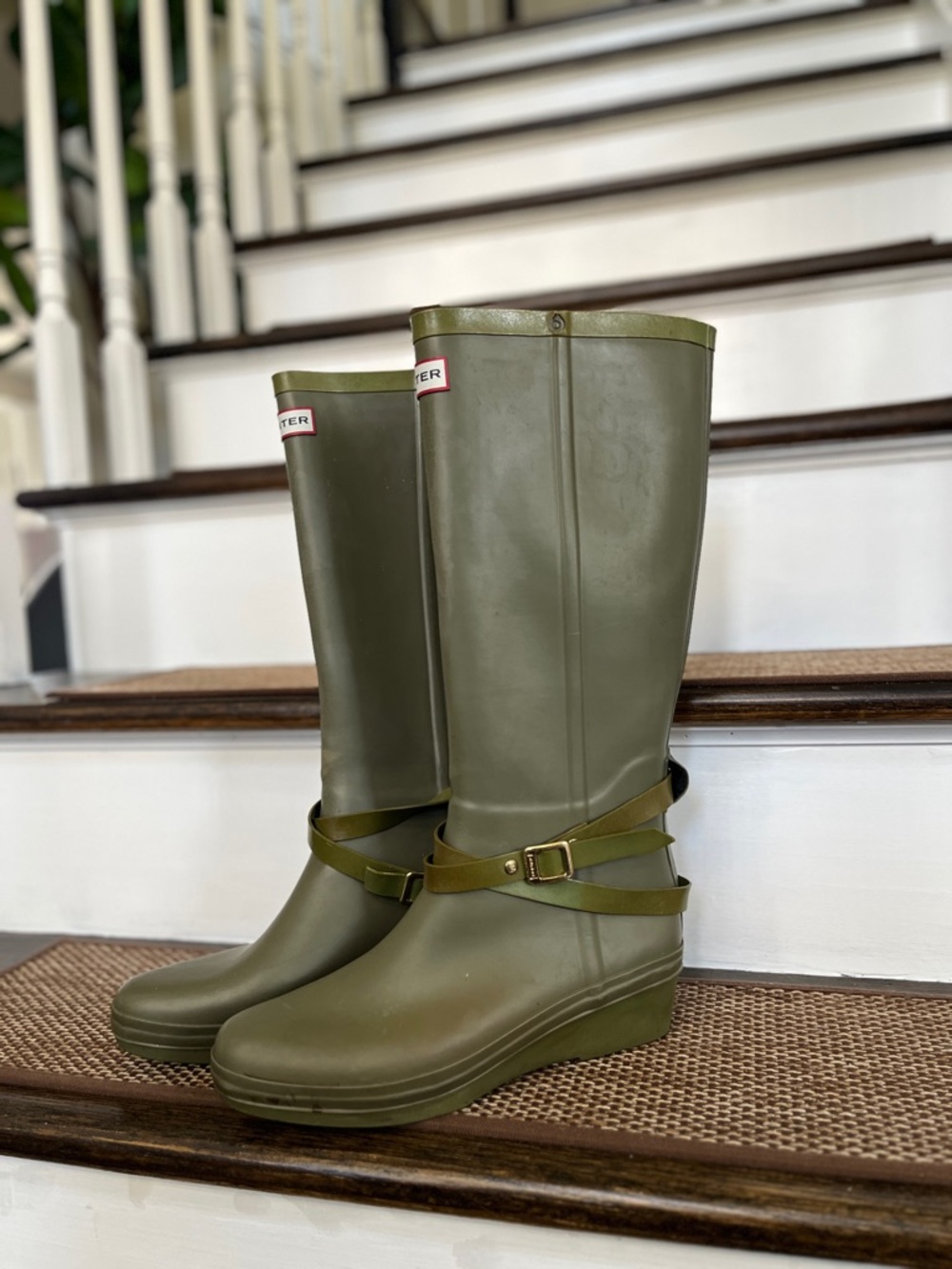 Hunter Olive Green Tall Rain Boots with Wrap Buckle
